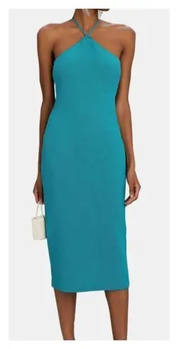 The Sei Strappy Halter Midi Dress Body Con Turquoise Blue Nubby Knit NWT Small