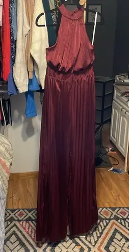Lulu’s Confident Impression Burgundy Satin Pleated Halter Jumpsuit Size M