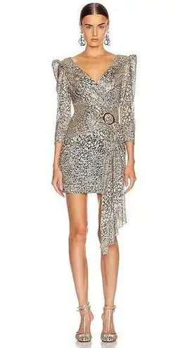 PATBO Gold Metallic lurex mesh fabric Leopard Drape Mini Dress sz 4 Black