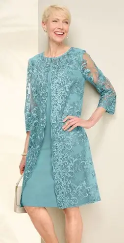 Alex Evenings mesh vintage TEAL lace sleeve Embroidered Mock Jacket Dress