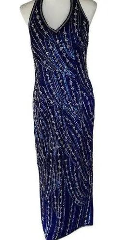 Vintage Elegant Blue and Silver Hand Beaded Women's Dress Size L