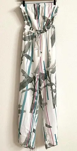 a. Peach Strapless White Tropical Flowy Jumpsuit Romper Women's Small