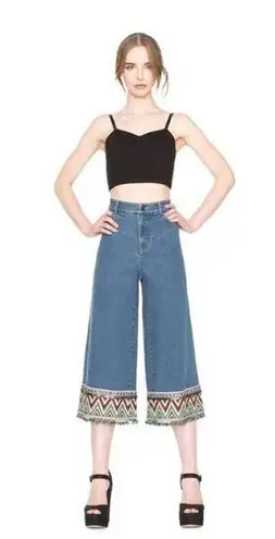 Alice + Olivia  Beta Pom Pom High Waist Wide Leg Cropped Jeans Size 28