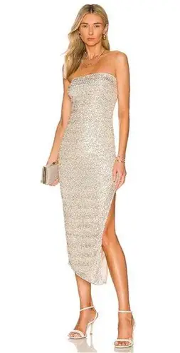 NWT House of Harlow 1960 x Revolve Sage Midi Dress Sequin Strapless Sheath Dress Silver Size M