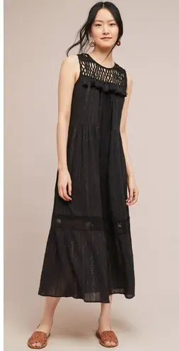 Maeve NWT Anthropologie Abilene in Black Tassel Crocheted Yoke Maxi Dress XS