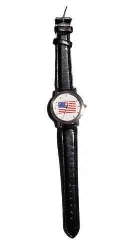 Vtg 1990s Women's American Flag Face Black Leather Band Quartz Wrist Watch
