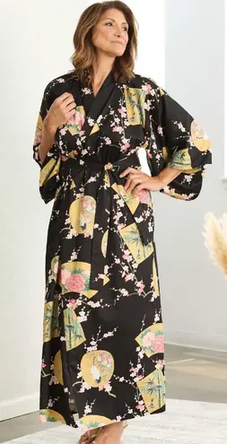 NEW Smithsonian S Black Kimono Robe Floral Fan Crane Yukata Made Japan