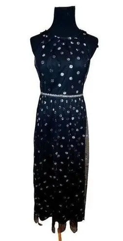 Black Lace Prom Dress Silver Glitter Circles SZ 8 Retro Dark Goth Grunge Quirky