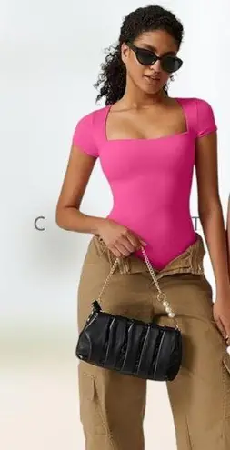QINSEN Hot Pink Square Neck Sexy Bodysuit Double Lined Shirts Women's Size S