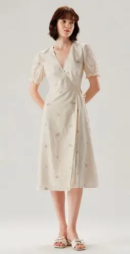 Rihoas Beige Embroidery Puffed Sleeve Wrap Midi Dress Size M