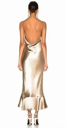 Saloni Satin Champagne Gold Backless Ruffle Hem Cowl Neck Midi Dress Size 8