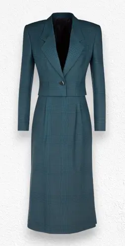 Vintage 80s Green Navy Houndstooth Retro Officecore Power Skirt Suit Set Size 4