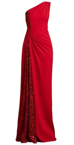 Tadashi Shoji One Shoulder Lace Insert Gown Geranium Red Size 12