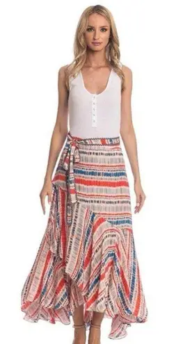 Tolani  Boho Ruffle Tiered Asymmetrical Maxi Skirt Gray Orange Blue Size Large