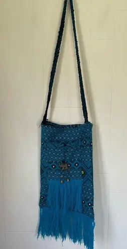 Blue Knit Crossbody Purse boho hippie festival bag elephant charm beads fringe