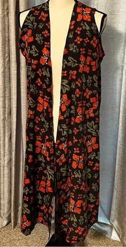 LuLaRoe  Joy Duster Black Red‎ Orange Hibiscus Flowers Floral Womens Size Small
