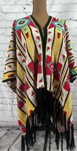 Rock & Roll Cowgirl Multi Color Aztec Print Fringed Poncho/Shrug Size S (B17)