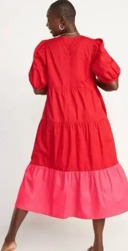 Old Navy NWT,  Red Colorblock Puff Short Sleeve Boho Cotton Midi Dress, Sz M