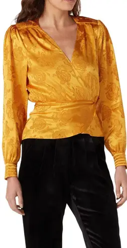 RONNY KOBO Top Womens Large Silk Satin Mustard Yellow Gold Floral Holiday Office