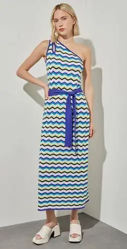 Ming Wang Modern Fit One Shoulder Column Maxi Dress Chevron Soft Knit Large NWT