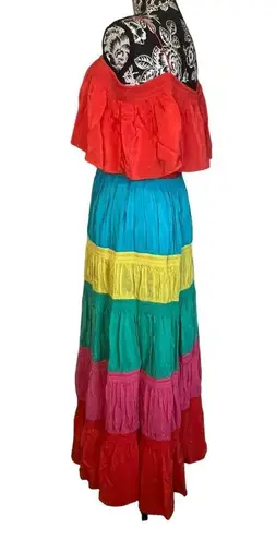 Alice + Olivia  Rainbow Color Block Smocked Tiered Cold Shoulder Maxi Dress NWT 6