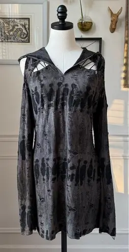 Dark in Love Grey Gothic Punk Ragged Sexy Shoulder Hooded Mini Dress Grey Black Gray Size XXL