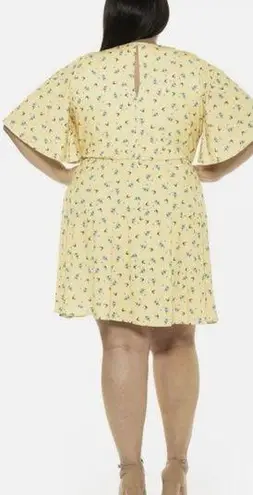 Alexia Admor Oaklee Flutter Sleeve Fit & Flare Yellow Ditzy Floral Dress Plus 1X