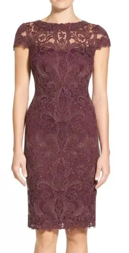 Tadashi Shoji Embroidered Illusion Yoke Lace Sheath Dress Blackberry Size 2