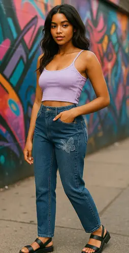 Y2K Butterfly Embroidered Dark Wash Stretch Jeans Kaba Jeans Size 18 Blue