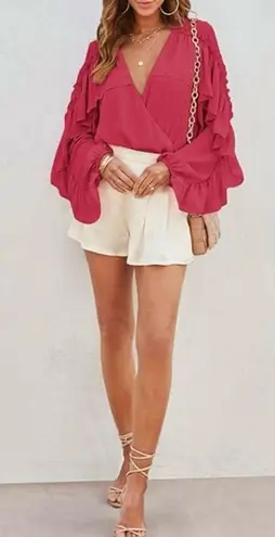 Skyler Rose Long Sleeve Wrap V Neck Ruffle Bodysuit Jumpsuit Sexy Drape Blouse