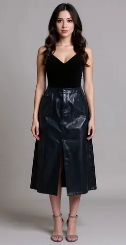 Colleen Lopez Black Faux Leather Midi Pencil Skirt with Slit Medium NWT