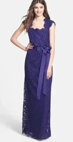 Tadashi Shoji Cap Sleeve Lined Ribbon Tie Sash Lace Long Gown Blue Womens Size 6