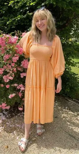 LOUNA Orange Square Neckline Puff Sleeves Chic Flowy Midi Dress size Medium