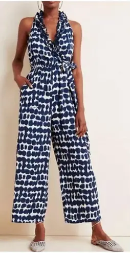 BEACHGOLD Navy Blue White abstract Ruffle Halter Wide Leg Jumpsuit M boho resort Size M