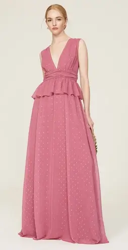 LDT Maxi Gown Women's 4 Pink Rose Peplum Waist Sleeveless Plunging V