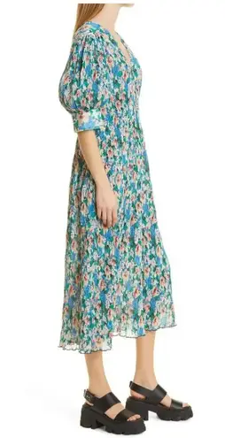 Ganni Floral Print Smocked Plisse Georgette Midi Dress Size Medium