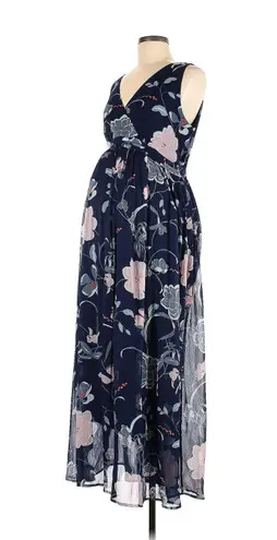 Motherhood Maternity Navy Floral Chiffon Maxi Dress w/ Surplice Pin-tuck Waist