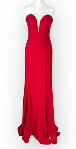 Mac Duggal Bustier Gown Women's 8 Red Strapless Sweetheart Maxi Pooled Train