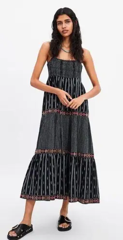 ZARA Bead and Embroidered Strappy Tiered Midi Dress Black Size S