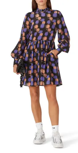 Hofmann Copenhagen Black Purple Printed 100% Silk Long Sleeve Mini Dress Size S