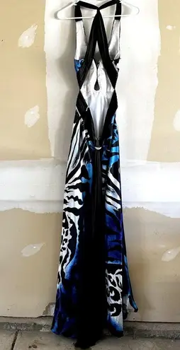 Cache  Evening Maxi Dress Plunging V Zebra Print Sleeveless Elegant Blue Black 10