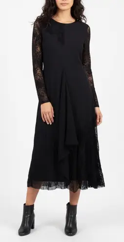 FUZZI Black Lace Sheer Sleeve Midi Dress XL Made Italy Asymmetrical Ruffle