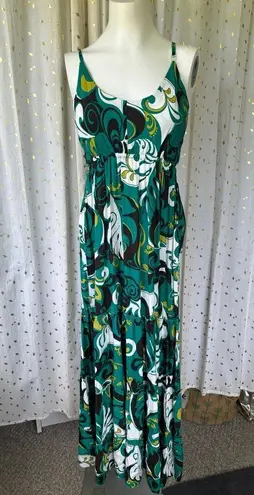 Coconut Moon Hawaiian Aloha Adjustable Spaghetti Straps Tiered Maxi Dress M Green Size M