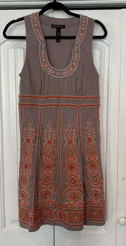 INC International Concepts Tan And Orange Embroidered/Beaded Dress Size Medium
