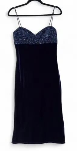 y2K Midnight Blue Velvet Spaghetti Strap Midi Dress with Beaded Bust size 8