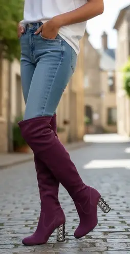 Carlos Santana Suede Over The Knee embellished metallic block heel Boots Size 10