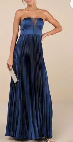 LULUS NWT Perfected Elegance Navy Blue Satin Pleated Strapless Maxi Dress XS