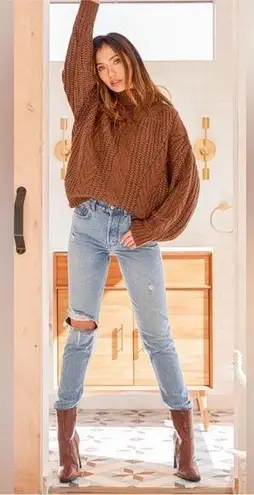 Lulus Oh What A Feeling Cable Knit Turtleneck Sweater Brown Size M