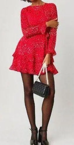 Red Lurex Floral Dress Long Sleeve and Ruffles Size XS