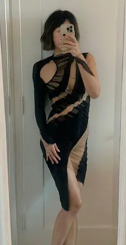 Mugler Swirl Patchwork Illusion Panel Asymmetric Long Sleeve Body